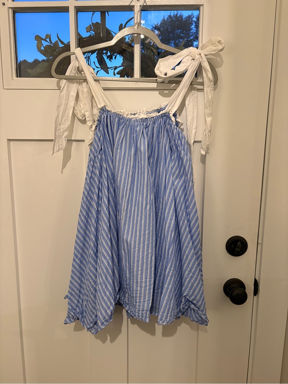 MARBLE Blue and White Striped Tie-Shoulder Sundress